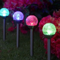 SET 6 SOLAR COLOUR CHANGING CRACKLE GLASS BALL LIGHT GARDEN PATH LED LIGHTING UK