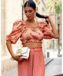 Zara Top Size S Embroidered Boho Summer Cottagecore Cropped Puff Sleeve - Picture 1 of 6