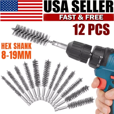 Juego de 12 cepillos de limpieza de orificios de acero inoxidable para taladro eléctrico vástago hexagonal de 1/4"  Foto 1 de 4