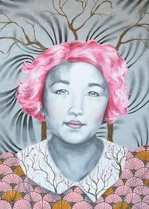 Rama de cerezo asiático en flor cabello rosa - impresión de archivo ACEO 6 de 10 - Imagen 1 de 1