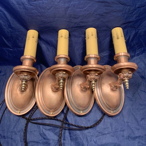 Four 4 early antique RED brass candle wall Sconces Rewired Set 33D Cover