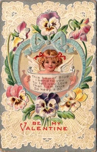 BE MY VALENTINE Bow of Blue Poem FLOWERS embossed Postcard - Picture 1 of 2