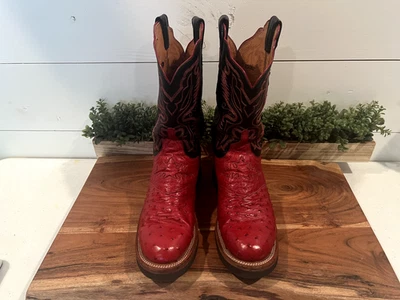 Lucchese 2000 Women's Boots. Red Full Quill Ostrich/Black 10C.  Pre-owned.   - Image 1 of 4