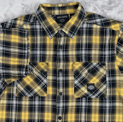 HARLEY DAVIDSON Shirt Casual Short Sleeve Men Large Button Up Black Yellow Plaid - Image 1 of 4