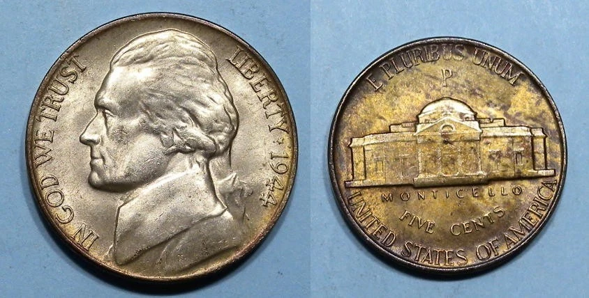 SILVER! SILVER! SILVER! 1944-P WAR NICKEL TONED HIGH GRADE NICE! MX1-51 - Image 1 of 1