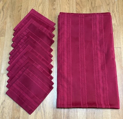 Ralph Lauren Wine Red Moire Stripe Tablecloth - 12 Napkins Set 67”x155” + Bonus - Image 1 of 4