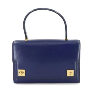 HERMES Piano Hand Bag Box Calf Blue Vintage Purse 90294205 - Picture 1 of 11
