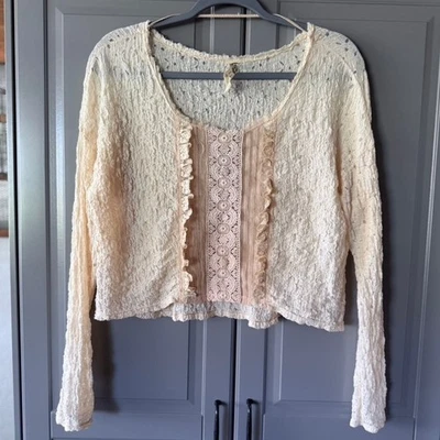 Free People Bohemian Lace Crochet Ruffle Trim Long Sleeve Blouse, Cream, XS - Image 1 of 4