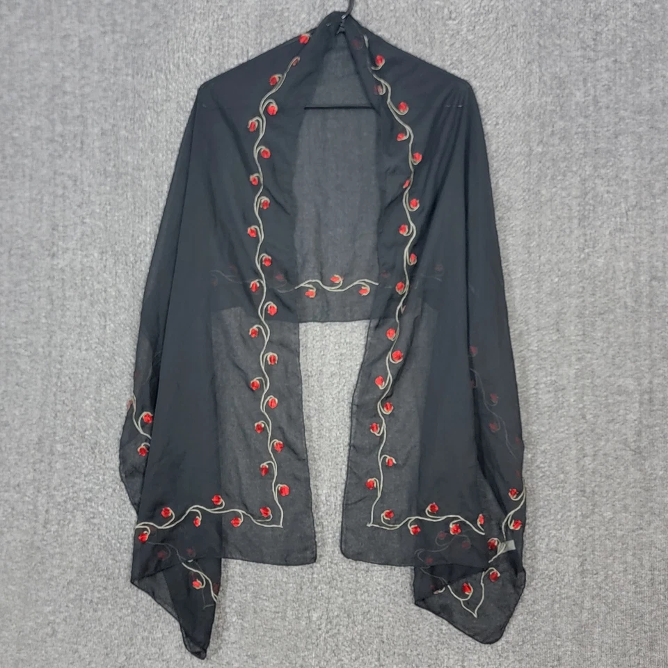 Bufanda envolvente Cejón para mujer negra de gasa transparente con rosas bordadas florales 70x20 Foto 1 de 4