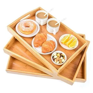 3 Pack Bamboo Serving Trays with Handles, Rectangular Kitchen Food Tray for - Picture 1 of 7