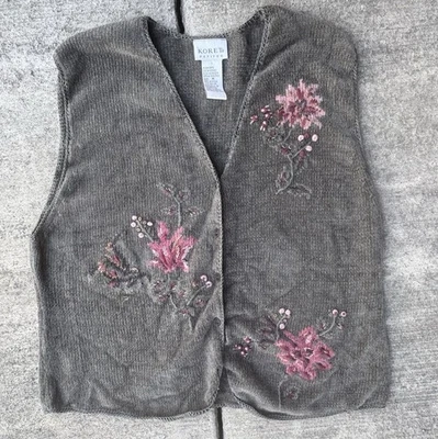 Chaleco abotonable vintage Koret verde salvia con bordado floral talla mediana Foto 1 de 4