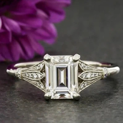 Vintage Inspire Emerald Cut Moissanite 925 Silver Milgrain Set Art Deco Ring - Image 1 of 4