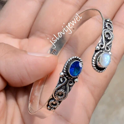 Лунный камень и танзанит драгоценный камень серебро 925 пробы браслет манжета подарок для мужа - Изображение 1 из 4