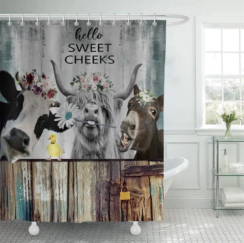 Cortina de ducha rústica Hello Sweet Cheeks 70x70 con 12 ganchos Foto 1 de 1