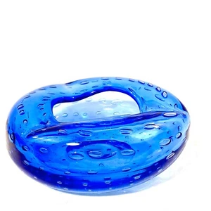Blenko Wayne Husted Modern Blue Hand Blown C/B Glass Ashtray #6321 - Picture 1 of 5