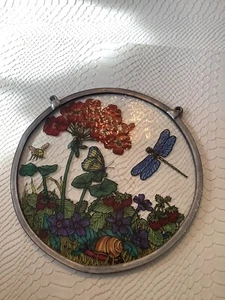 Vintage Bleiglas Libelle Schmetterling Blumen Erdbeeren Sonnenfänger - Bild 1 von 4