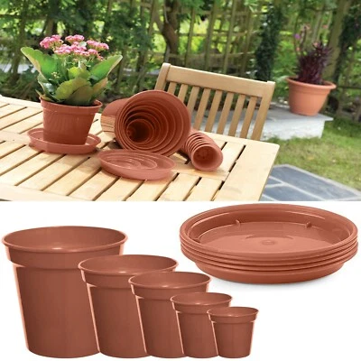 Plastic Plant Pots Garden Flowers Plants Pot & Saucers Tray Terracotta Gardening