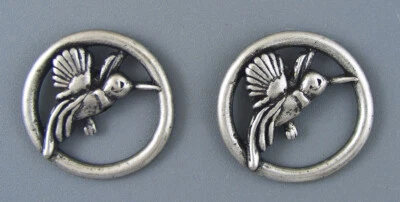 LARGE METAL BUTTON - ANTIQUE SILVER - SET OF TWO - HUMMING BIRD - Image 1 of 3