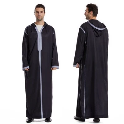Middle East Clothing Men Hooded Dress Arab Muslim Jubba Thobe Long Shirts Gown - Image 1 of 4