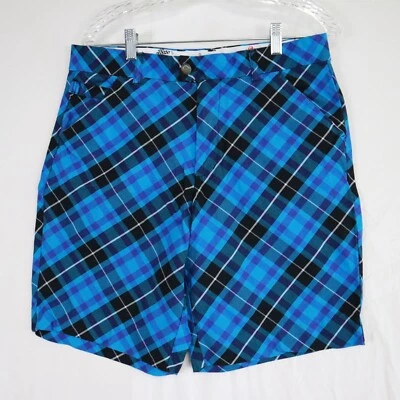 Royal & Awesome 高尔夫短裤男式 32 Chino 弹力弹性平前蓝色格子 — 第 1/4 张图片