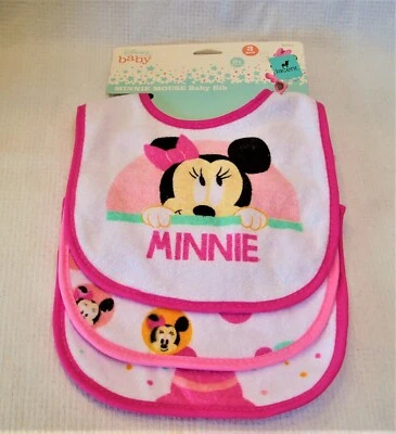 NUEVO CON ETIQUETAS PAQUETE DE 3 BABEROS DE TELA DE RIZO DISNEY BABY MINNIE MOUSE NIÑAS Foto 1 de 4
