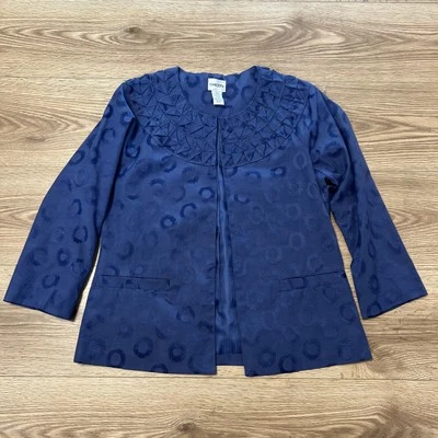 Chico’s Women’s Dark Blue Circle Ruffle Blazer Hook Closure #79984 Size 0 (A29) - Image 1 of 4