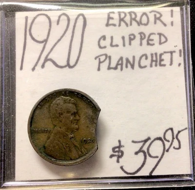 1920 Lincoln Wheat Cent Error! Clipped Planchet! ENN Coins - Image 1 of 3