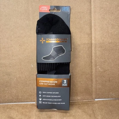 Meias de compressão Tommie Copper Sport pretas tamanho grande/X-grande 3 pares NOVAS - Imagem 1 de 3