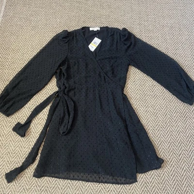 MICHAEL KORS Womens Black Pom Pom Tie Long Sleeve Short Wrap Dress M NWT - Image 1 of 4