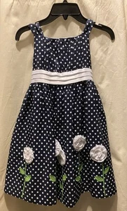 American Princess Dress Girl 6 Navy White Polka Dot Flower Puff Sleeveless Gown - Picture 1 of 2