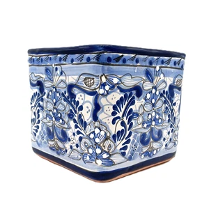 Talavera Pottery Planter Mexican Ceramic Flower Pot Puebla Blue White Square 6in - Picture 1 of 9