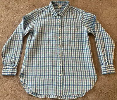 L L Bean 女式亚麻纽扣衬衫蓝色绿松石白色格子尺寸 M — 第 1/4 张图片