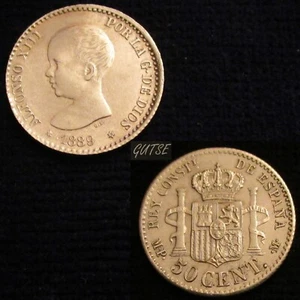 ESPAÑA, 616-ALFONSO XIII, 50 CÉNTIMOS 1889*(8)-9, PLATA, CASI SIN CIRCULAR. - Imagen 1 de 3