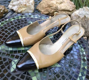 St John Tan Calf Black Patent Shoes Size 10 B 2" Heels Slingbacks Made in Italy - Picture 1 of 12