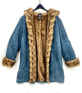 Vintage 90s Dennis Basso Women's Blue Suede Hooded Coat w/Faux Fur Trim & Lining - Picture 1 of 10