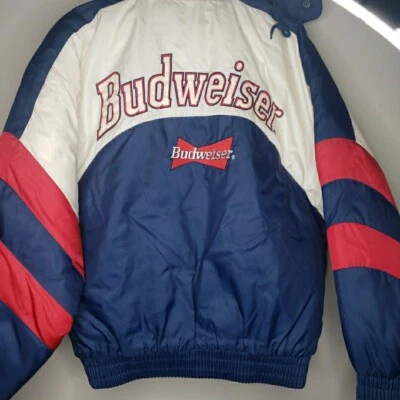 Vintage Pro Player Budweiser Beer Jacket Mens Size L Red White Blue Puffer Hood - Image 1 of 4