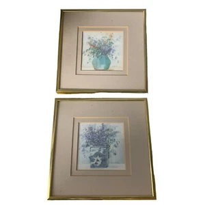 Signed Floral Watercolor Paintings 8x8" Framed Wall Art Decor Set of 2 - Picture 1 of 10