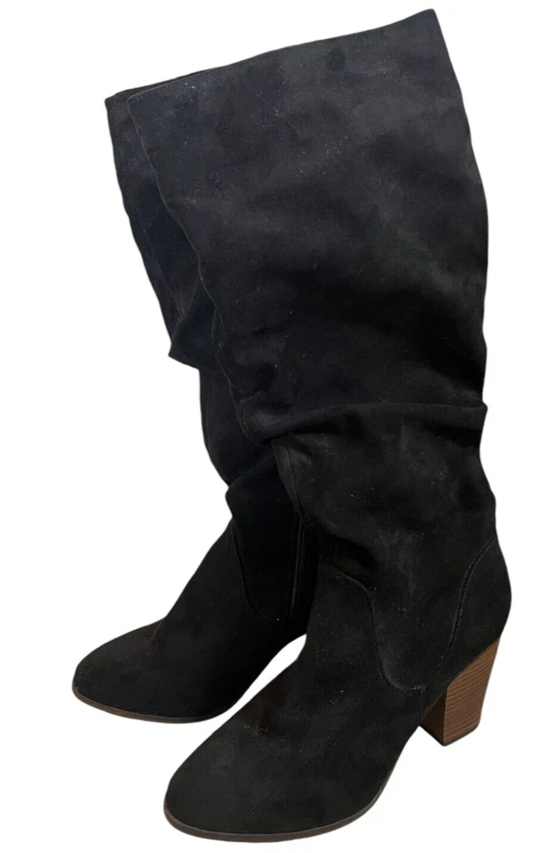 Merona Boots Women's Size 8.5 Black Faux Suede Tall Partial Zip Scrunchy Fashion - Image 1 of 4