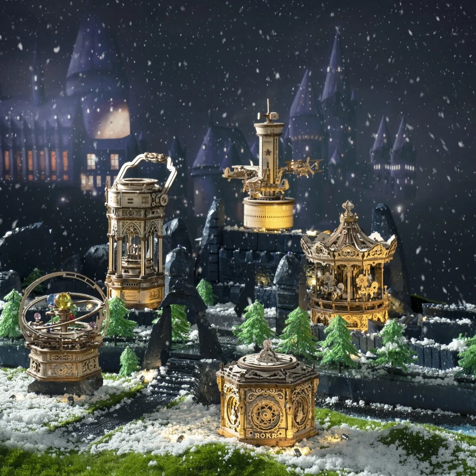 ROKR 3D Wooden Puzzle Mechanical Music Box LED Model Kit Decor Toy Xmas Gift - Image 1 of 1