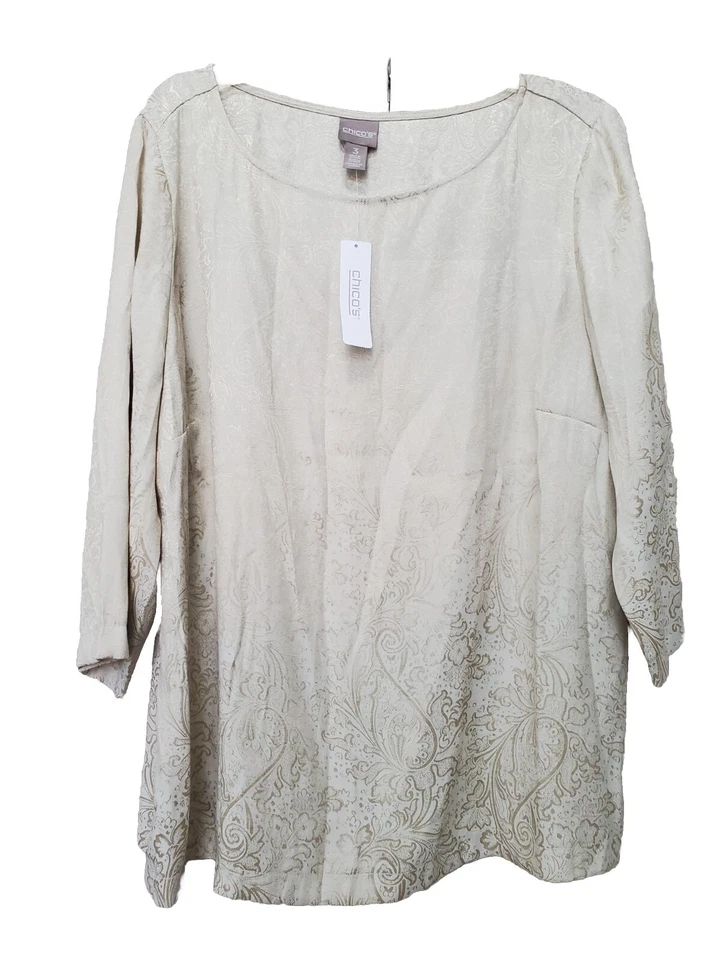 CHICO'S Metallic Jacquard Pullover 3/4 Sleeves Gold Size 3 (XL/16)