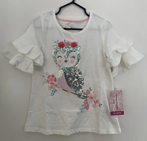 Tommy Bahama Kids Girls Cute Floral Sequin Owl Ruffle Short Sleeve Shirt White S - Picture 1 of 6