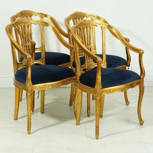 Set of 4 french gold leaf mahogany wood traditional dining chairs blue upholster - Picture 1 of 9