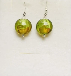 Stunning Peridot And Gold Swirl Murano Glass Drop Earrings Version 1 - Picture 1 of 1