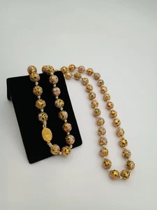 31" Vintage Chinese Hand-Knotted Cloisonné Floral Golden Enamel Bead Necklace - Picture 1 of 17