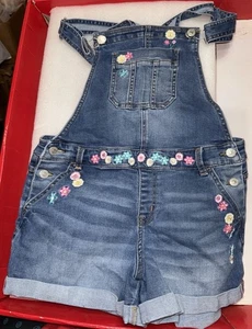 Jordache Girl’s Shortalls Overalls size XXL 18 blue jean embroidered flowers - Picture 1 of 13