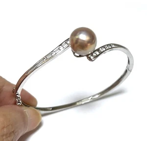Mirror Luster 10.9mm Natural Purple Pink Edison Cultured Round Pearl 7.5" Bangle - Picture 1 of 8