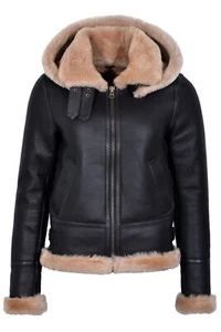Chaqueta de piel de oveja B3 marrón beige con capucha para damas Chaqueta de piel de oveja real F05 - Imagen 1 de 11