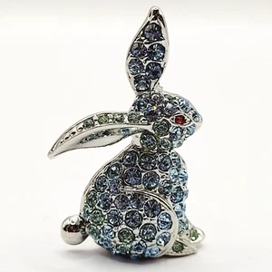 Modern Easter Bunny Light Blue Sparkly Rhinestone Red Eye Silver Tone Brooch Pin - Picture 1 of 20