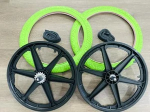 Pair of 20" Bicycle Mag Wheels Set 6 SPOKE BLACK BMX BIKE with 20x1.95 tires - Picture 1 of 3