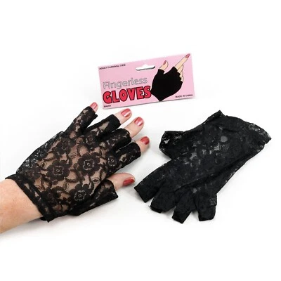Women’s Black Lace Fingerless Gloves Gothic 80s Style Halloween Costume - Image 1 of 2